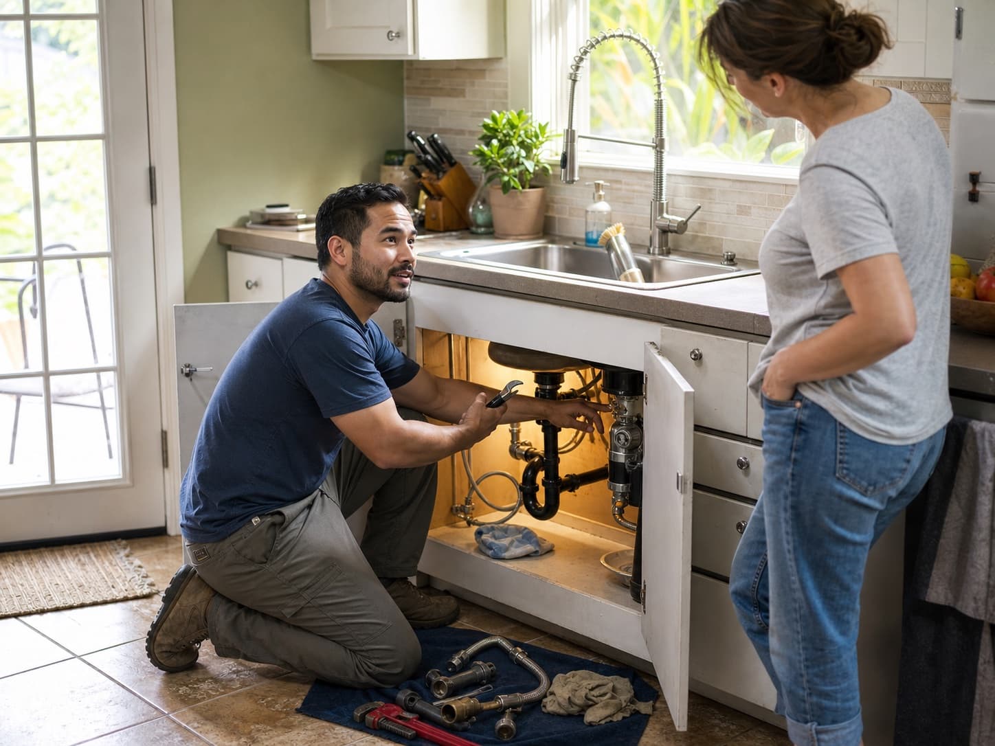 A homeowner discussing a plumbing repair with a professional